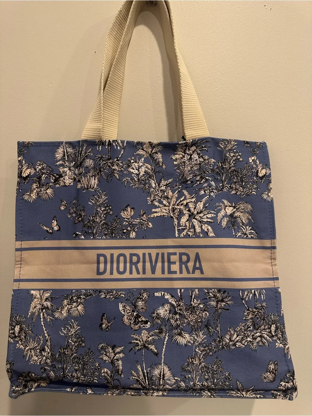 Dior Blue Floral Toile Tote with Cream Handles